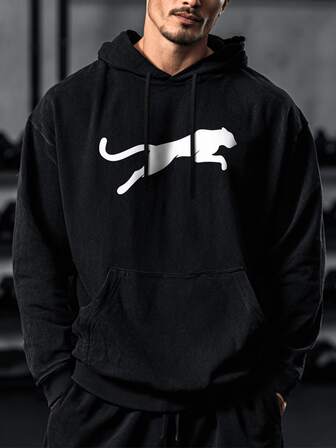 男士休闲创意图案纯色卫衣，运动休闲卫衣，简约时尚，日常休闲穿着，加厚宽松套头衫，适合春秋季节穿着，加厚面料，健身服