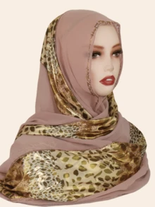 1 Stück modischer, eleganter muslimischer Hijab Kopftuch für Frauen, Patchwork Druckmuster mit Strass-Handwerkskunst, orientalischer Stil langer Schal - langer Schal im Patchwork-Stil mit Leopardenmuster - Übersicht 10