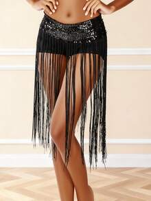 Belly Dance Long Tassel Sequin Waist Skirt, Latin Dance Stage Performance Waist Accessory, Dance Performance Accessory (Multiple Colors Available) - Multicolor - View 7