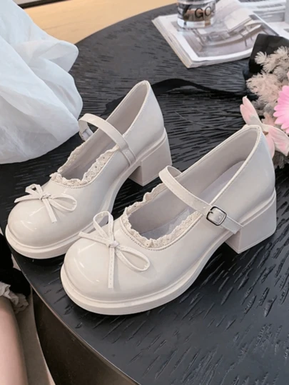 2025 New Women's PU Leather Mary Jane Shoes: Thick Heel, Platform, Round Toe, Bow Decor, Lace-Up Design, Comfortable Casual Daily Wear. Suitable For Everyday, Vacation, Cocktail Party, And Commuting. Recommend Sizing Up For Wide Feet
