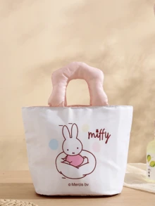 Fashionable Portable Lunch Bag, White Base With Pink Handle, Cute Cartoon Print, Fabric Material, Aluminum Foil Lining, Easy To Clean, Wide Handle For Comfortable Grip, Smooth Zipper Design, Large Capacity, Suitable For Daily Use, Lunch, Picnic, Leisure, Cartoon Enthusiasts, Young Women, Students, Office Workers, Etc.