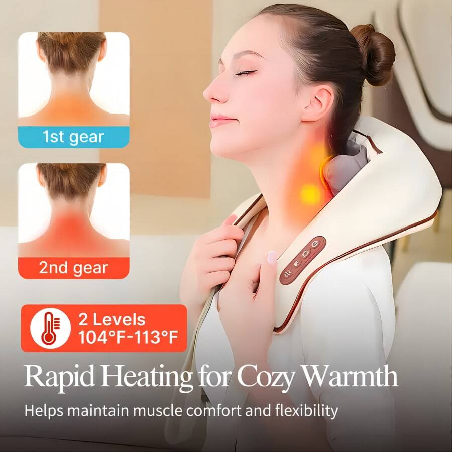 Masajeador inalámbrico para hombros y cuello, masajeador corporal multifunción, masaje de cuello/hombros/espalda/pantorrillas, 6 cabezales de masaje, amasado bidireccional + calefacción, ángulo dorado de 45°, funcionamiento con un solo botón, fácil de usar, portátil para el hogar/oficina/viajes, funda extraíble y lavable, gran regalo para personas mayores