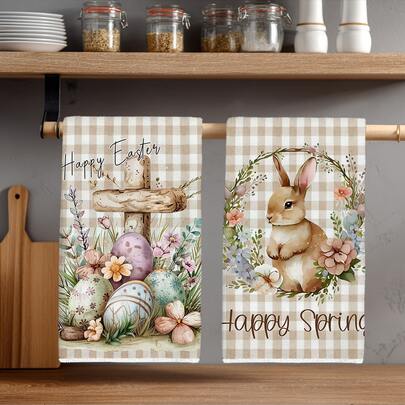 2pcs Simple Spring Easter Bunny & Egg Pattern Kitchen Towels, Soft Polyester Material Dish Cloths, Suitable For Kitchen Decor, Cleaning, Holiday Party Decoration, Kitchen & Bathroom Essentials, Home Decor, Housewarming Gift