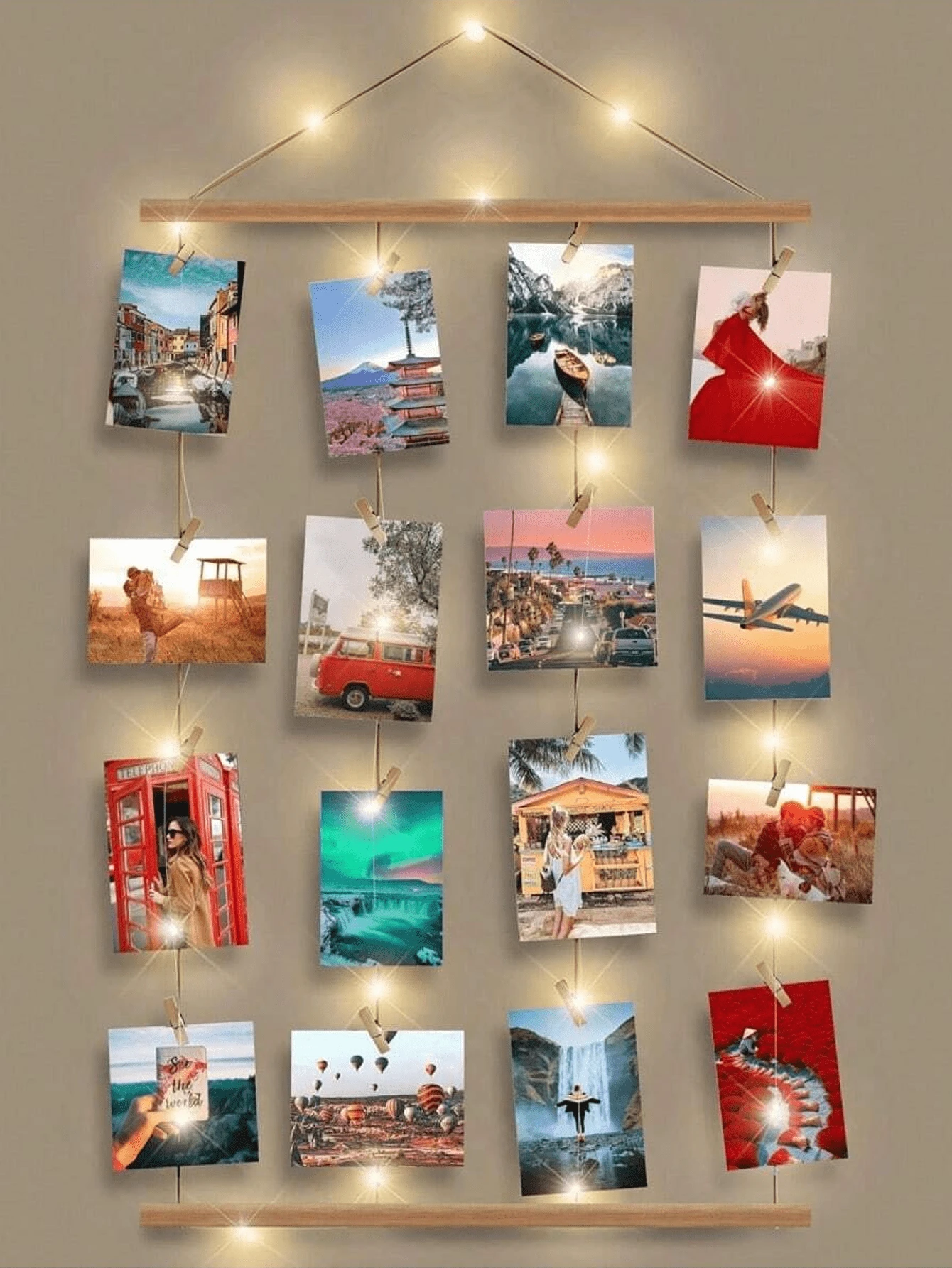 一套 15.8*27.6 英寸照片相框拼贴墙饰 - 30/15 个夹子和可调节挂绳，可展示多张照片 - 北欧风格照片墙系统 - 圣诞节纪念板、节日家居装饰、新年照片拼贴、适合拍照的墙面艺术、冬季北欧风装饰（不含灯饰） - 彩色 - 查看 1
