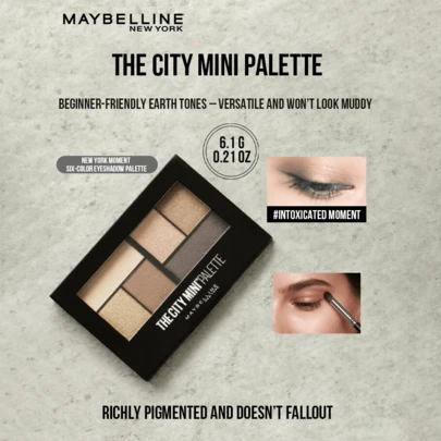 Maybelline Bảng phấn mắt mini The City (Intoxated Moment) 6.1g/0.21oz, nhiều sắc thái đa năng cho đôi mắt lấp lánh, lên màu chuẩn và không bị lem, màu sắc cổ điển với hiệu ứng bán lì và ánh nhũ nhẹ, kết cấu mousse ánh nhũ kim cương, mịn lì, sản phẩm không thể thiếu cho người mới bắt đầu trang điểm, các bước trang điểm dễ dàng, phù hợp cho người mới bắt đầu, học sinh, nhân viên văn phòng, đi làm hàng ngày, đi chơi, tụ họp, trang điểm hoàng hôn, món quà lý tưởng cho bạn bè và bạn gái.