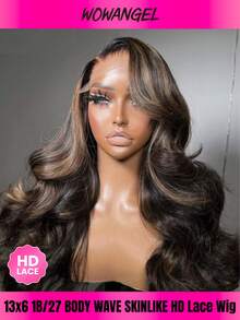WOWANGEL 13x6蕾丝前假发，250%密度，26英寸水波纹蕾丝前假发，无胶真人发假发，预拔毛渐变色1b/27蜂蜜金，高清蕾丝前假发，女士款