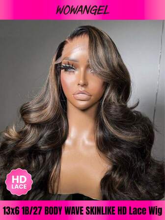 WOWANGEL 高光染色 13x6 真人发高清蕾丝前假发，250% 密度，26 英寸水波纹蕾丝前假发，无胶真人发假发，预先拔毛渐变色 1b/27 蜂蜜金，高清真蕾丝前假发，女士款