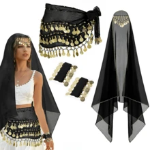 4pcs Belly Dance Set, Including Chiffon Hip Scarf, Headscarf, Bracelets And Other Dance Accessories, Coin Included - Multicolor - View 1