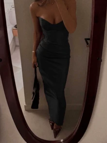 Elegant Fashion Young Lady Party Zipper Ruffle Backless Bustier Long Leather Belted Dress