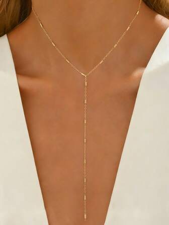 Collar de mujer con borla en forma de Y de acero inoxidable | Cadena de barra cuadrada brillante que se empalma para realzar el cuello, joyería minimalista de diseño de nicho de lujo para otoño e invierno 2025, ambiente para ir al trabajo/citas, regalo del Día de San Valentín