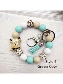 1pc/6pcs Set Cartoon Animal Brown Bull Head Silicone Bead Bracelet Keychain Pendant Vintage Western Style Tassel Wristband Keyring Accessories Gift For Women Bag Charm Purse Charm - Multicolor - View 6