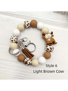 1pc/6pcs Set Cartoon Animal Brown Bull Head Silicone Bead Bracelet Keychain Pendant Vintage Western Style Tassel Wristband Keyring Accessories Gift For Women Bag Charm Purse Charm - Multicolor - View 8