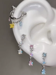 1件闪亮钛钢马蹄形耳环，带心形和星星吊坠耳夹 - 銀色 - 查看 6