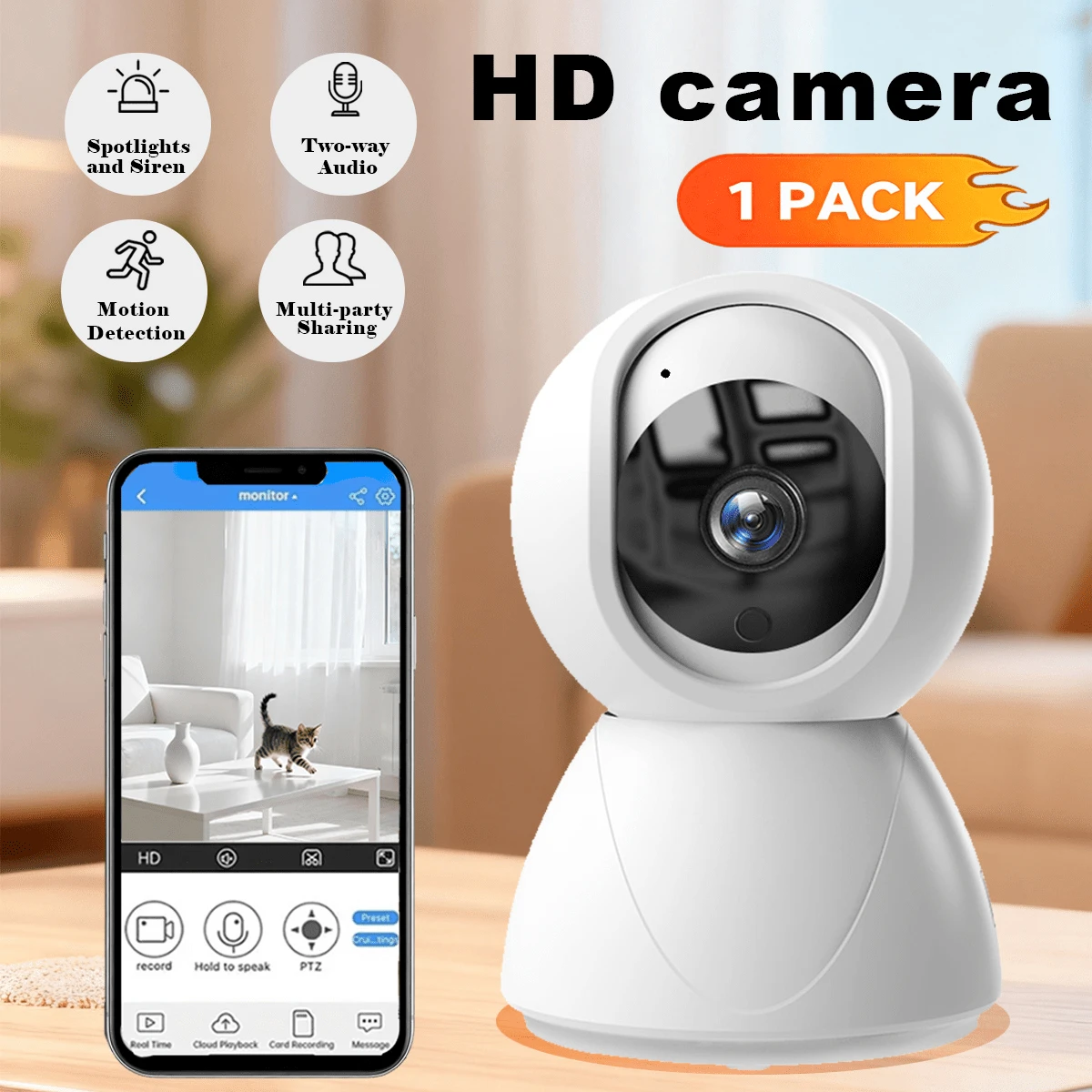 1080P Rotatable & Tiltable Indoor Surveillance Camera, 2.4G WiFi Baby/Pet/Nanny Monitor Camera, Cloud & SD Card Storage, USB Power Supply, Color Night Vision, Spotlight, Two-Way Audio, Alarm, AI Motion Detection, Suitable For Monitoring Pets, Indoor/Outdoor, Home, Video Security Camera