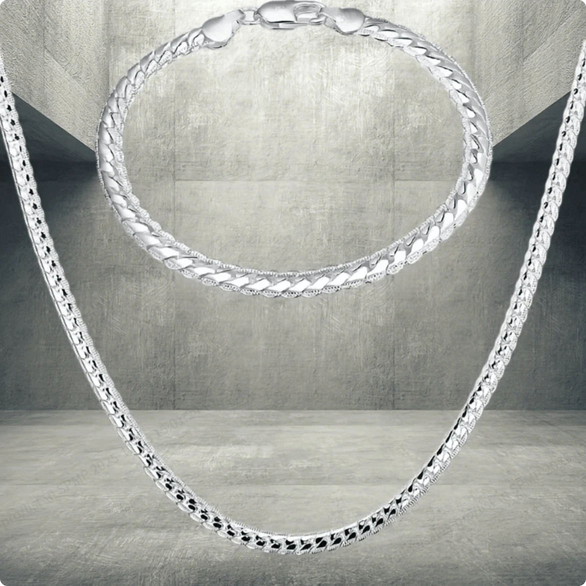 925纯银镀层街头摇滚风时尚项链手链套装，适合派对和节日佩戴 - 銀色 - 查看 1