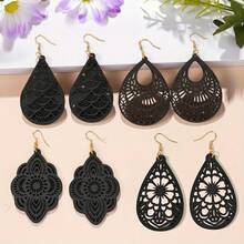 4 pares/set de pendientes colgantes con patrón floral tallado vintage, elegante joyería de estilo retro de madera, un regalo pensado para mujeres - Negro - Ver 8