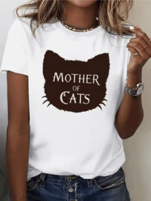 Dark-Colored Cat Head Silhouette With A Phrase Celebrating Love And Care For Felines. Women's T-Shirt, 100% Soft And Comfortable Cotton, 220g - 白色 - 查看 8