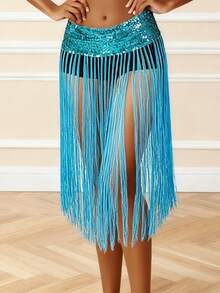 Belly Dance Long Tassel Sequin Waist Skirt, Latin Dance Stage Performance Waist Accessory, Dance Performance Accessory (Multiple Colors Available) - Multicolor - View 9
