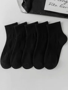 5 Pairs Black Socks, Solid Color Socks, Korean Style Mid-Calf Socks, Versatile For Summer And Autumn/Winter, Unisex Sports Socks, Couple Socks - 黑色 - 查看 1