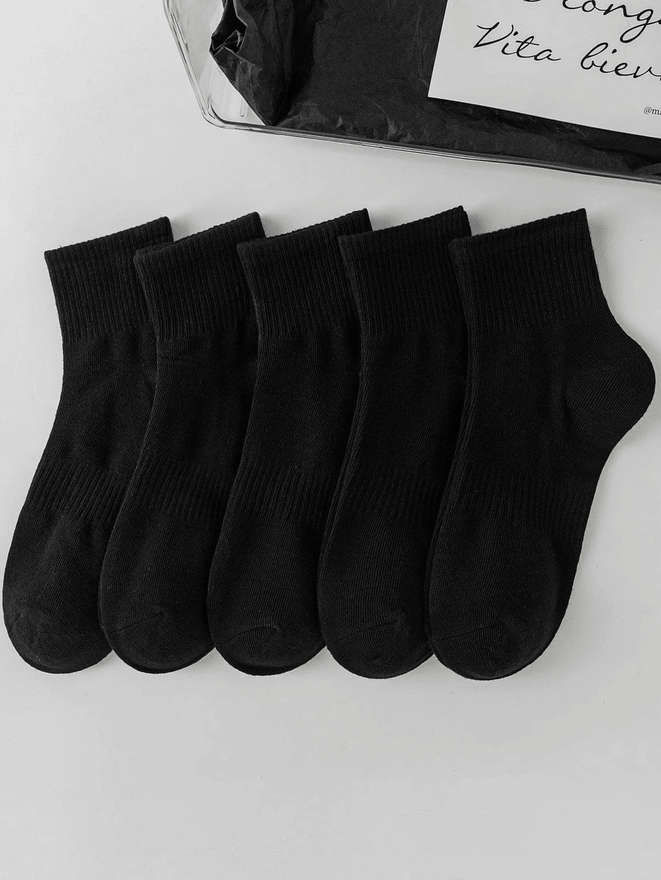 5 Pairs Black Socks, Solid Color Socks, Korean Style Mid-Calf Socks, Versatile For Summer And Autumn/Winter, Unisex Sports Socks, Couple Socks - 黑色 - 查看 1