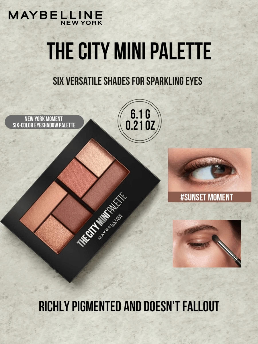 Maybelline THE CITY MINI PALETTE (SUNSET MOMENT) 6.1G/0.21OZ, Versatile Shades For Sparkling Eyes, Richly Pigmented And Doesn't Fallout, Classic Sunset Colors With Semi-Matte With Subtle Shimmer, Diamond Shgin Mousse Texture, Smoothy, Mustginerlner. Students, Office Workers, Daily Commute, Outings, Gatherings, Sunset Makeup Look, Ideal Gift For Friends Girlfriends