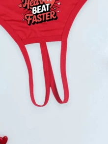 Women's Sexy Red Crotchless Thong Panties With "YOU MAKE MY HEART BEAT FASTER" Heart Print, Stretchy Breathable Comfortable Lingerie, Valentine's Day Outfit - Red - View 4