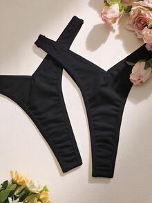 3pcs/Pack Women's Solid Color Comfortable Seamless Thong Panties - Black - View 5