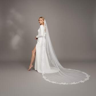 1pc 300cm Long Romantic Lace Trim Bridal Veil With Faux Pearl Decor, Includes Hair Comb, Suitable For Proposal, Engagement, Wedding, And Marriage Registration Ceremonies