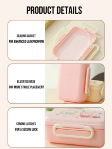 Happy Outing Series Lunch Box Pink with Cartoon Print, 800mL Large Capacity, Sealing Gasket, Dual Secure Seal Leak-Proof, Stable Placement, Strong Buckle, Easy Open, Portable Handle, Perfect for Daily Use, Lunch, Picnic, Car Womentoon Lovers, Young Women, s,