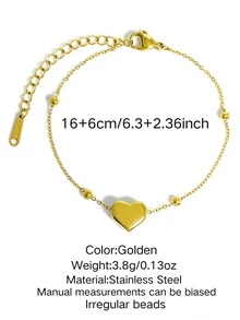 1 套 2 件 18K 镀金不锈钢链项链和手链套装，配有可爱的串珠链和丰满的心形吊坠，优雅的珠宝套装，适合女性在派对、约会时佩戴，或作为情人节礼物，情人节、妈妈、母亲、母亲节、礼物 - 金黃色 - 查看 3