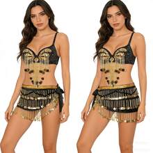 Bộ trang phục biểu diễn múa bụng 2 món - Áo bra đính hạt nhựa tua rua đính sequin và khăn quấn hông bằng nhung dành cho nữ. - Nhiều màu - Xem 2