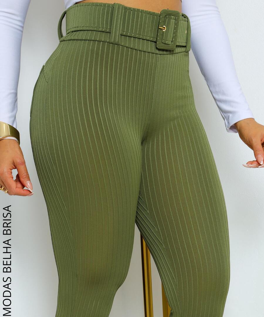 Premium 3D Ribbed Shaping Pants With Belt, Blogger Style. - Olive Green - View 1