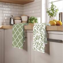 2 piezas Paños de cocina diarios simples con patrón geométrico de hojas verdes, de material de poliéster suave, adecuados para la decoración de la cocina, limpieza de la cocina, decoración de fiestas, artículos esenciales de cocina y baño, decoración del hogar, regalo de inauguración de la casa - Multicolor - Ver 7