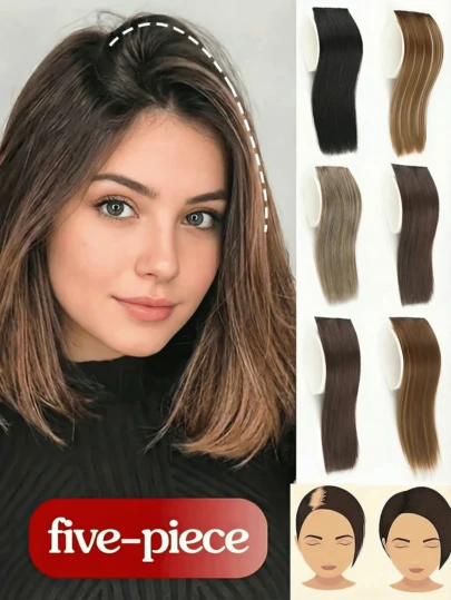 5pcs/Set Real Human Hair Extensions, Side Highlights, Damage-Free Clip-In Hair Extensions, Suitable For Party/Daily Wear, Natural Seamless Blend, Soft Texture, Increase Volume & Length, For Women & Girls