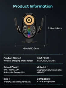 REMAX 15W无线快充车载手机支架，带彩色声控灯；自动感应开合；防滑手柄和过热保护；Type-C接口，兼容苹果/安卓手机；支持带手机壳，90°旋转；通用车载配件