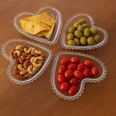 Kit com 04 cumbucas coração modelo pearl em acrílico transparente, p/ petiscos, acessórios, organização