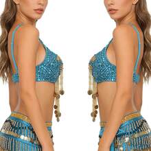 两件套肚皮舞服装，女士塑料珠饰流苏亮片胸衣上装和天鹅绒臀巾舞蹈服 - 彩色 - 查看 8