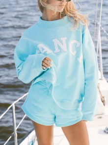 Women Casual Stylish Two Pieces Outfits Shorts Set Fancy Letter Embroidered Long Sleeve Mock Neck Oversized Sweatshirt Pullover Top And Shorts Sweat Set Spring Fall Sweatsuit Tracksuit Loungewear - Blue - View 5