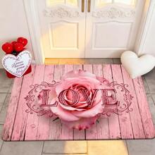 1/2/3pcs Valentine's Day Kitchen Rugs, Heart & Rose Pattern, Pink Wooden Grain Background, Polyester Material, Suitable For Kitchen, Bathroom, Entryway Decor, Kitchen Rug, Kitchen Mat, Doormat, Home Decor - Multicolor - View 6