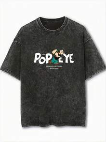 女款超大复古黑色水洗短袖T恤，卡通印花，宽松显瘦设计 - 黑色 - 查看 6