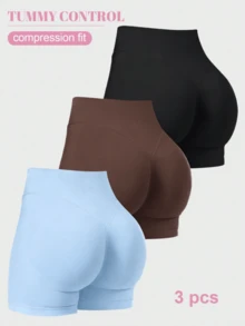 3PCS Women's Workout Shorts Seamless Scrunch Butt Lifting Yoga Gym Athletic High Waisted Tummy Control Shorts Sexy Booty Stretch Workout Exercise Hot Shorts, Gym Shorts, Running Shorts, Peach Lifting Hip Sports Shorts - 黑色/棕色/淺藍色 - 查看 1