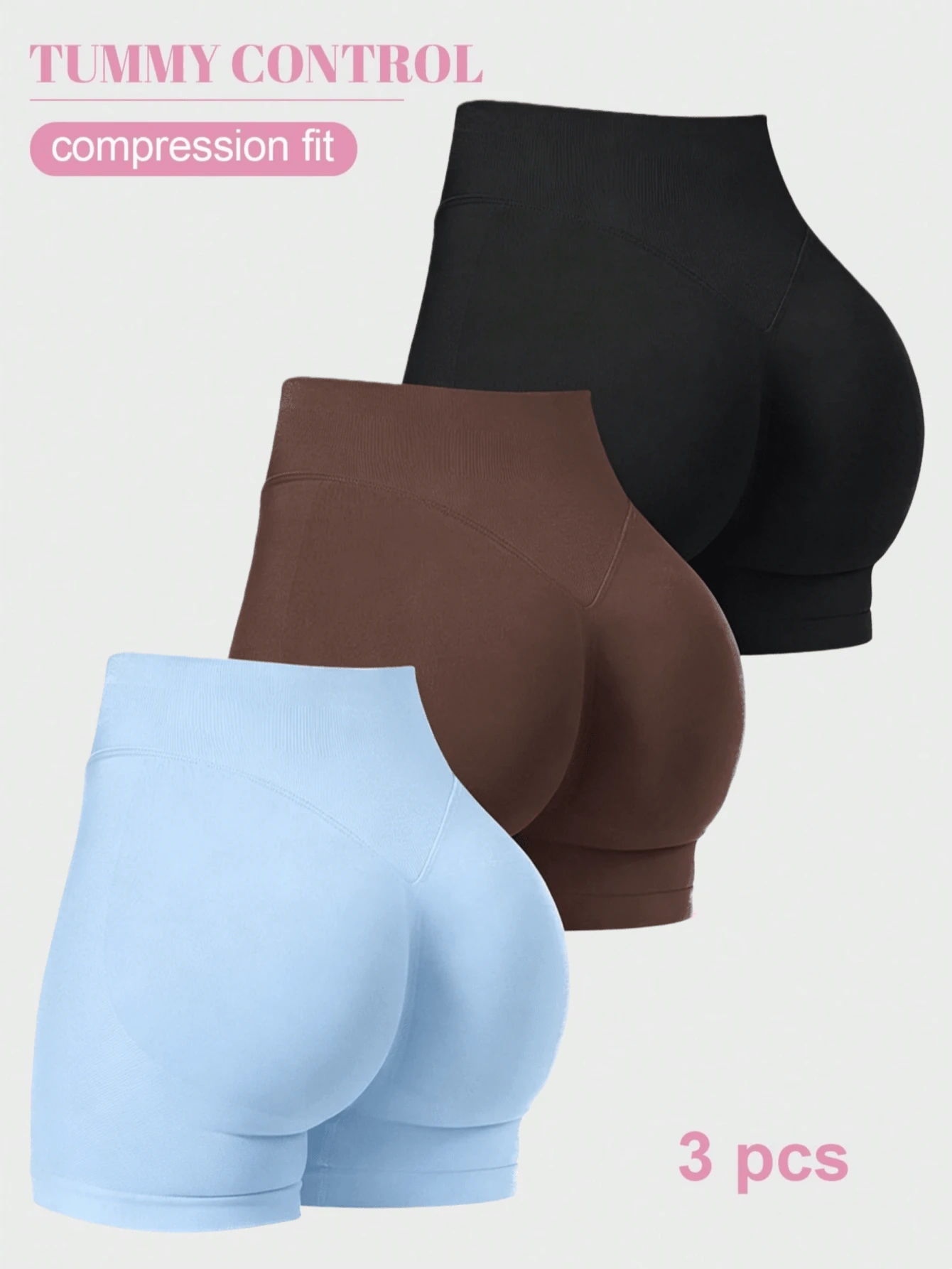 3PCS Women's Workout Shorts Seamless Scrunch Butt Lifting Yoga Gym Athletic High Waisted Tummy Control Shorts Sexy Booty Stretch Workout Exercise Hot Shorts, Gym Shorts, Running Shorts, Peach Lifting Hip Sports Shorts - 黑色/棕色/淺藍色 - 查看 1
