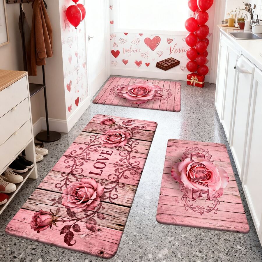 1/2/3pcs Valentine's Day Kitchen Rugs, Heart & Rose Pattern, Pink Wooden Grain Background, Polyester Material, Suitable For Kitchen, Bathroom, Entryway Decor, Kitchen Rug, Kitchen Mat, Doormat, Home Decor - Multicolor - View 1