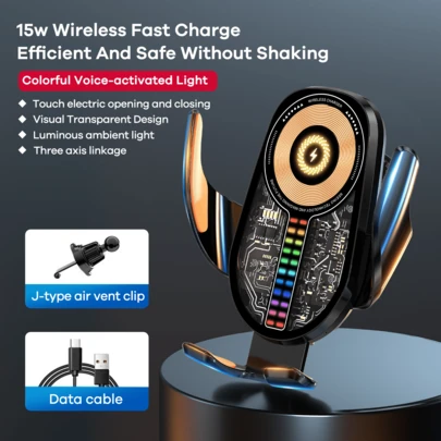 REMAX 15W Wireless Fast Charging Car Phone Holder With Colorful Voice-Controlled Light; Auto Sensing Open/Close; Anti-Slip Handle And Overheating Protection; Type-C Charger Compatible With Apple/Android; Supports Phone Cases, 90° Rotation; Universal Car Accessory