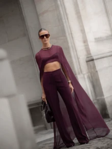 Women Sheer Long Cape Tops - Burdeos - Ver 4