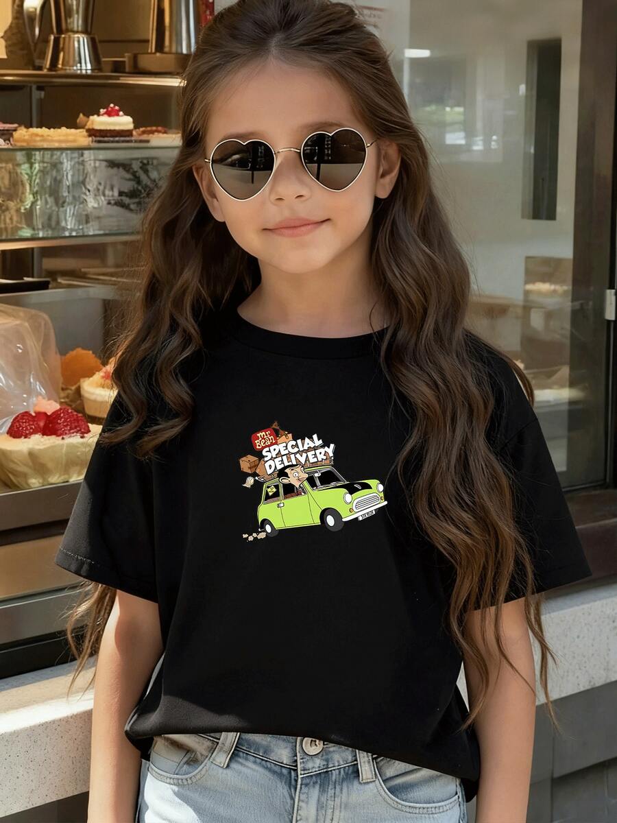 Mr. Bean Special Express Printed Cotton T-Shirt For Girls, Featuring A Fun Cartoon Design, Made From Soft, High-Quality Cotton For Comfortable Everyday Wear. A Perfect Birthday Gift For Your Niece, Granddaughter, Or Friend, Who Will Love Showing Off Her Unique Style! - 黑色 - 查看 1