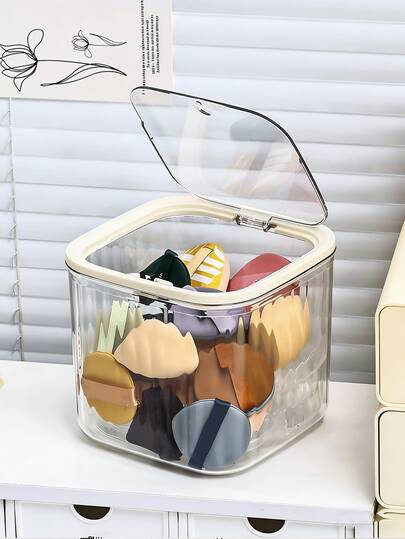 1pc Powder Puff Storage Box, Press-Open Lid, Dustproof, Large Capacity Desktop Storage Box, Multifunctional Organizer For Hair Accessories, Cosmetics, Essences, Lipsticks, Cushions, Makeup Sponges, Dressing Table Shelf,Room Decor