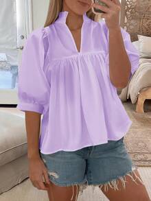 Women's Puff Sleeve V Neck Babydoll Blouse Pleated Peplum Hem Dressy Casual Loose Fit Shirt - 淺紫色 - 查看 4