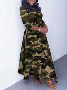 Women's Camo Midi Dress 3/4 Sleeve Self-Tie Belted A-Line Flowy Casual Daily Party Dresses - Ngụy trang - Xem 2