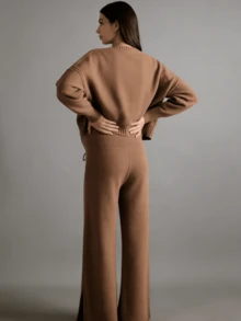 2026 Spring New Large Women's Outdoor Set (Pregnant), Loose Solid Color Knitted Sweater Set For Pregnant Women - Long Sleeve Round Neck Irregular Hemp Sweater And Wide Leg Pants With Split Hem, Autumn/Winter Casual Wear, Casual Sportswear, Suitable For Early/Late Pregnancy | Loose Knitted Set | Comfortable Two Piece Set For Pregnant Women, Women's Knitted Sweater, Women's Sportswear Set, Large Women's Set - 棕色 - 查看 5